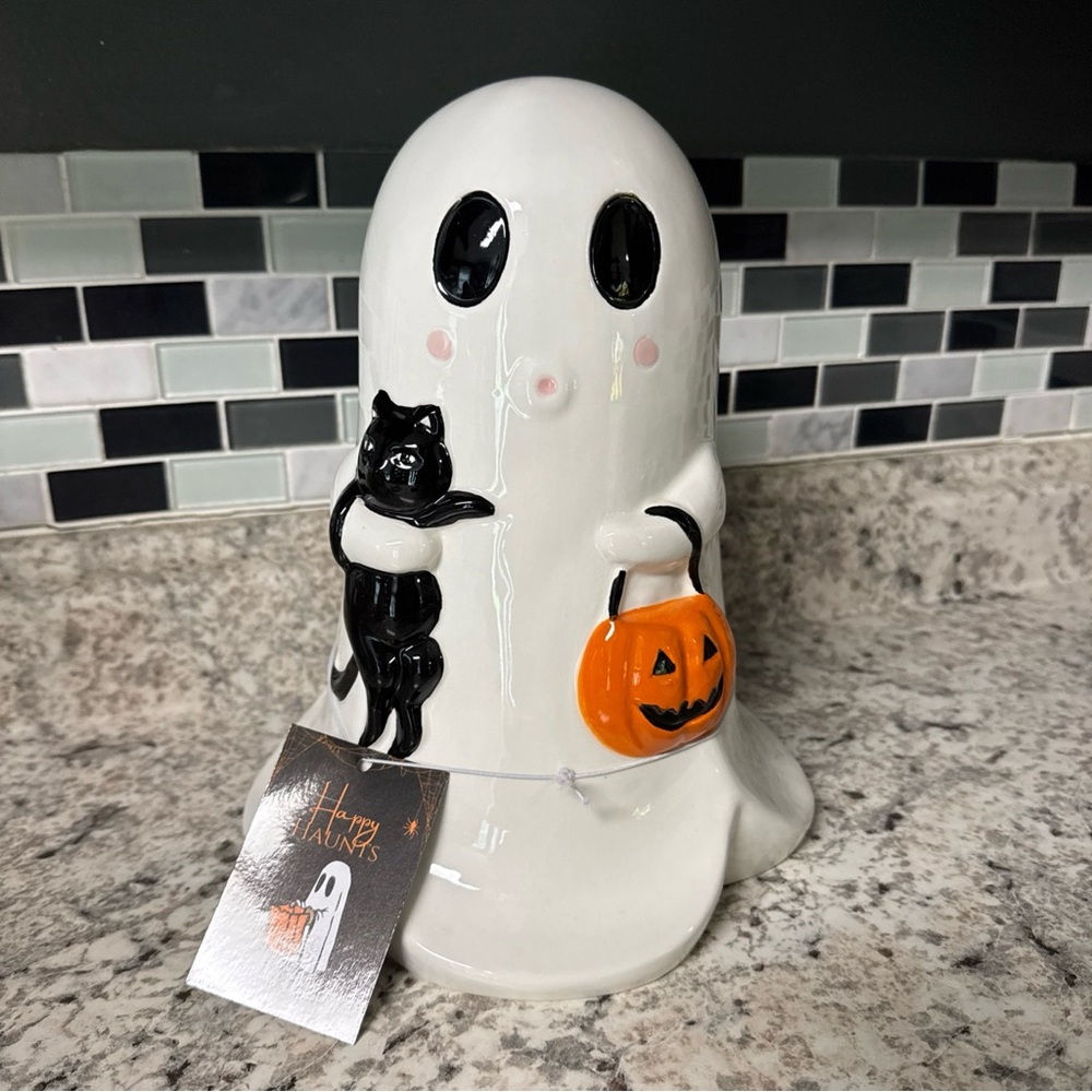 XL Halloween Ghost Holding Black Cat Trick or Treat Glossy Ceramic 10”